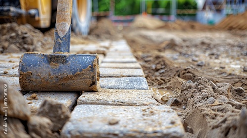 Construction zone close-up, focusing on brick pavers and a sand foundation, with a rubber mallet, tiles, and heavy machinery in use