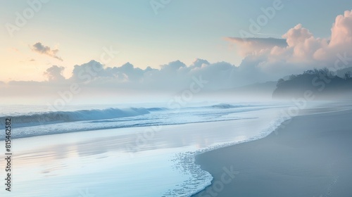 A misty beach at dawn with trees silhouetted against the sky. The horizon blends into the fluid water, creating a serene natural landscape AIG50