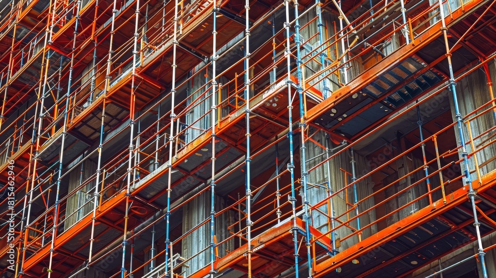 Close-up of intricate scaffolding supporting a large building under construction, emphasizing the engineering detail Close-up of intricate scaffolding supporting a large building under construction, emphasizing the engineering detail