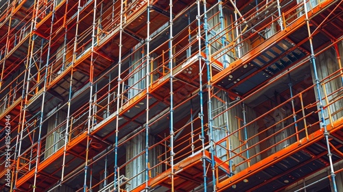 Close-up of intricate scaffolding supporting a large building under construction, emphasizing the engineering detail