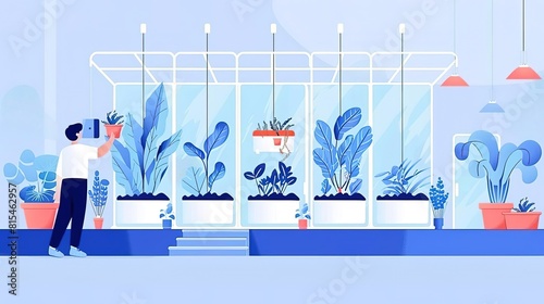 A man in a futuristic greenhouse examines a plant.
