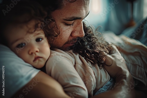 A man and his child embrace in a warm hug while lying in bed together