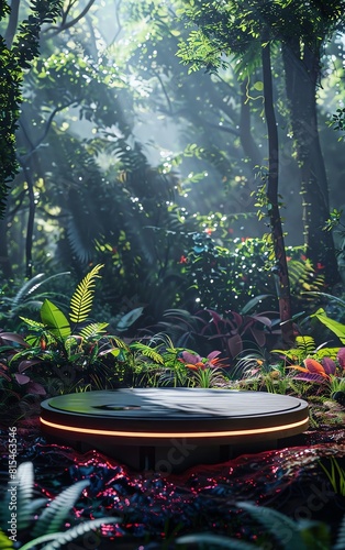 Showcase product podium within a lush forest scene, surrounded by soft sunlight filtering through the trees Blend in cyberpunk aesthetics with glowing neon accents on a sleek, luxu photo