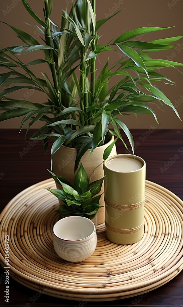 Bamboo mat on wooden table Bamboo mat on wooden table