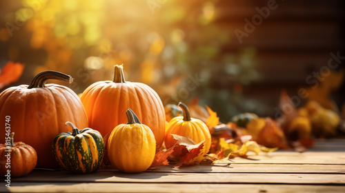 Different size orange pumpkins on the wooden table  concept of Thanksgiving day