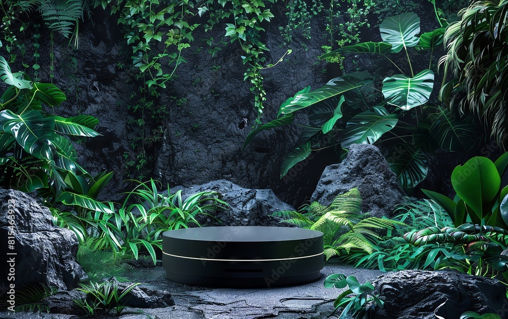 Black rockthemed product podium with forest greenery surrounding it Add neon lights and cyberpunk elements to the scene while maintaining a luxury black finish for an immersive dis Black rockthemed product podium with forest greenery surrounding it Add neon lights and cyberpunk elements to the scene while maintaining a luxury black finish for an immersive dis