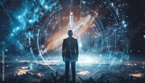Business engineer standing in front of a doubleexposed military rocket missile, layered with a swirling galaxy backdrop Integrate scifi symbols, AI code, and smart tech for a cutti