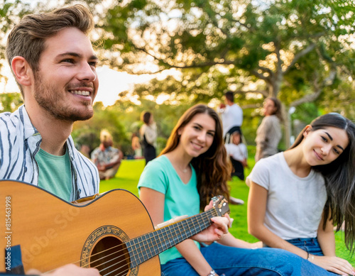 musician young man playing guitar with friends relax in a park summer day