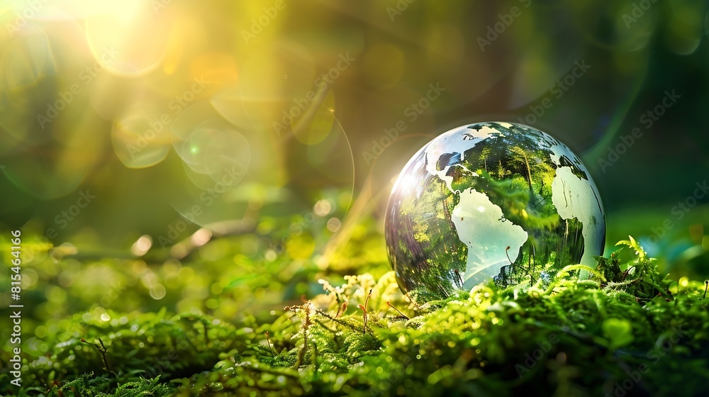 Environment Glass Globe On Grass Moss In Forest  Green Planet With Abstract Defocused Bokeh Lights  Environmental Conservation Concept : Generative AI