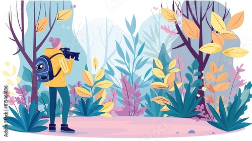 A young woman standing in a lush forest, holding a camera and taking pictures of the scenery. The sun is shining through the trees, creating a beautiful dappled light effect.