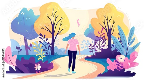 A young woman with long blue hair walks through a colorful forest