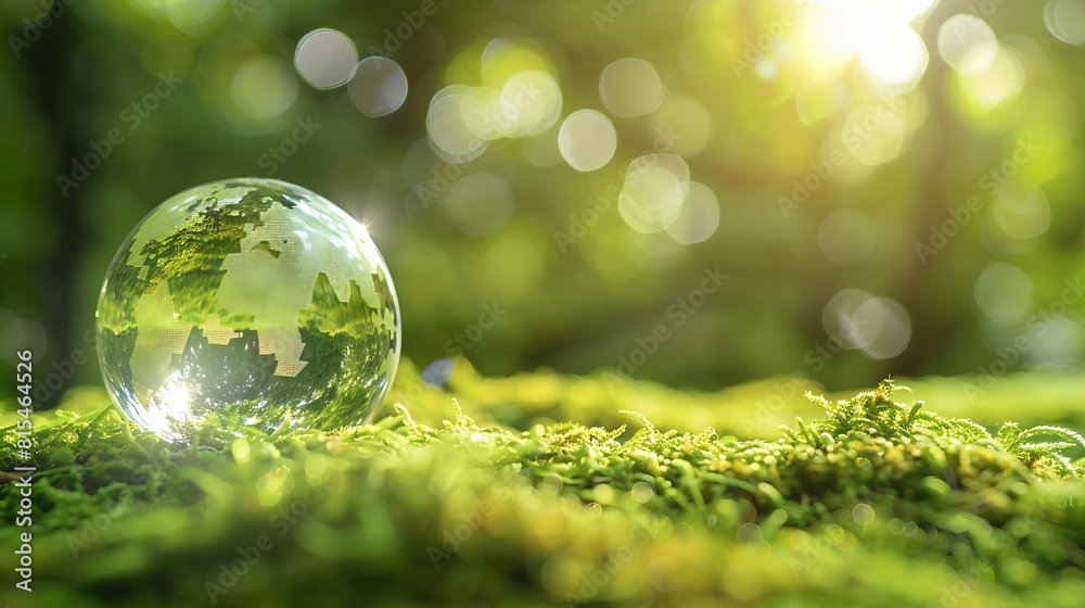 Environment Glass Globe On Grass Moss In Forest  Green Planet With Abstract Defocused Bokeh Lights  Environmental Conservation Concept : Generative AI