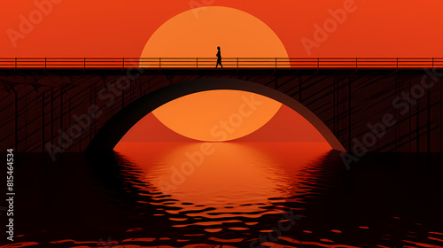 A bridge at dusk with the setting sun casting the shadow of the structure onto the river below illustration background poster decorative painting