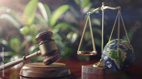 world and wooden gavel with a golden scale for law international environmental concept of business corporate and industry law world for environmental regulationsustainable environment  : Generative AI photo