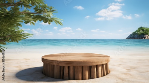 Round podium with beach view palm trees in background and clear sky