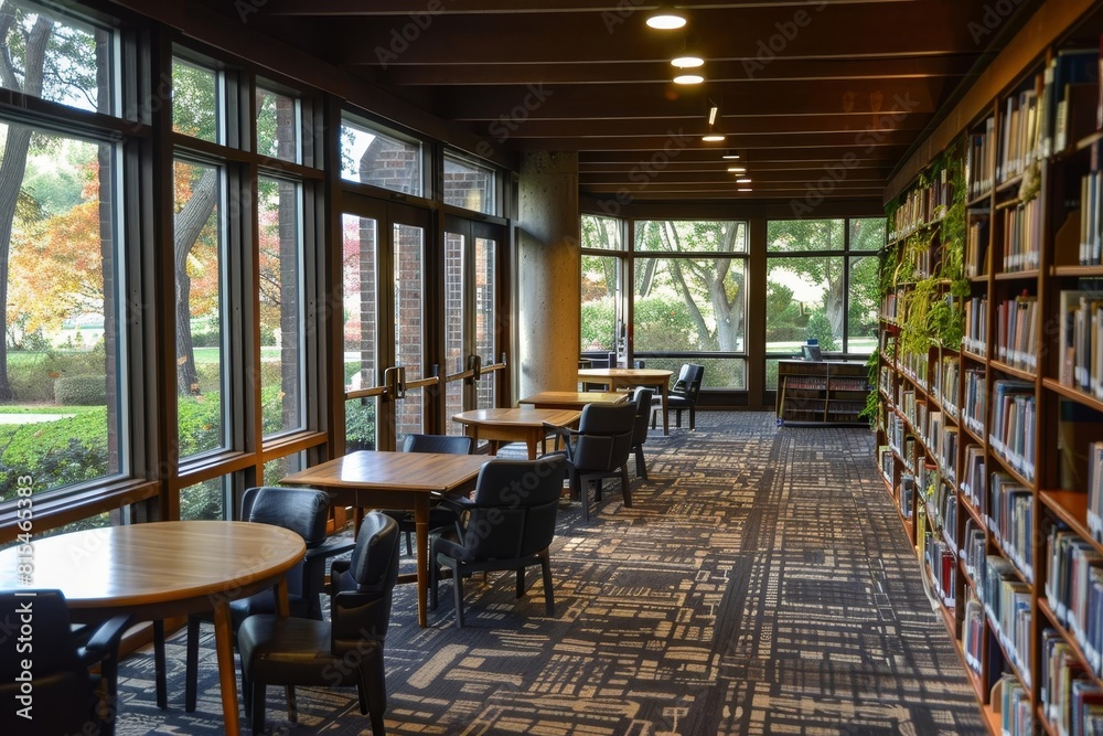 In a quiet corner of the library, a young woman sits at a table, engrossed in her book In a quiet corner of the library, a young woman sits at a table, engrossed in her book