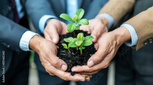 Business hands holding green plants together are the symbol of green business company agriculture and collaboration in a green business Ecosystem and Organization Development Cooperati : Generative AI © The Little Hut