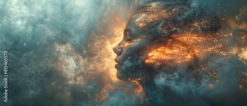 An eerie disintegration of human silhouette. A side view of a person's head disintegrating into particles within swirling smoke. photo