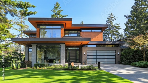 3d rendering of modern cozy house with garage , home with modern exterior and interior finishes, including sleek wall moldings and flooring, Clear sunny summer evening with blue sky