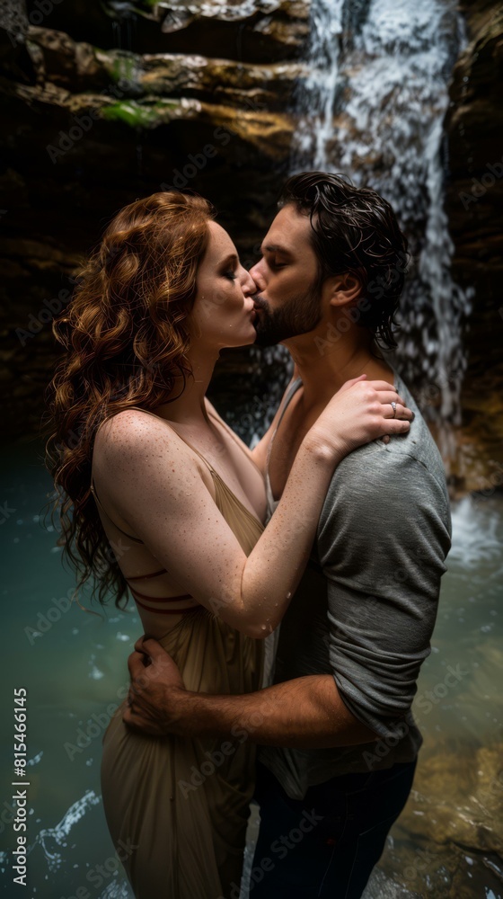 A couple is kissing in front of a waterfall. AI. A couple is kissing in front of a waterfall. AI.