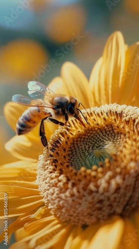 A bee pollinating a sunflower. AI. photo