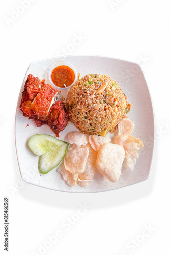 Top view of Asian fried rice, fried rice with chicken on white backgrounds.
