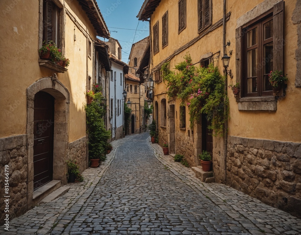 A picturesque street in an old town with charming houses and cobblestone streets.