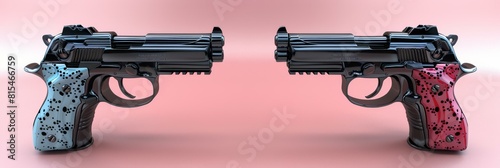 A pair of semi-automatic pistols with opposite color patterns. AI. photo