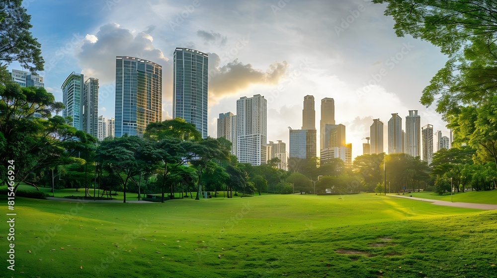 Fototapeta premium Public park and highrise buildings cityscape in metropolis city center Green environment city and downtown business district in panoramic view : Generative AI
