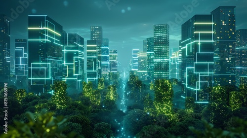 A cityscape with neon lights and trees in the foreground