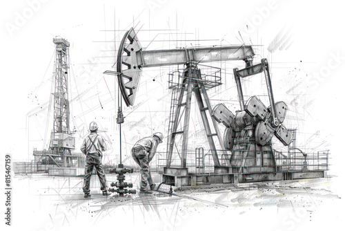 Pencil sketch of engineers working on oil pump rig refinery