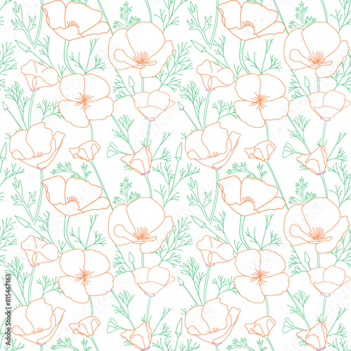 Obraz na płótnie white seamless pattern with contours of Eschscholzia flowers. California poppy - vector decorative ornament. Pastel colored w salonie