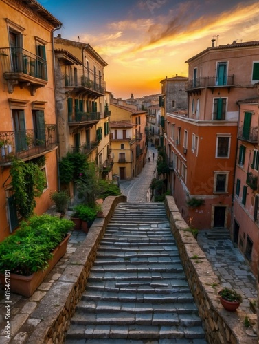 A flight of stone steps leads up a narrow street between colorful buildings in a small Italian hill town. AI.