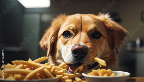 A dog is sitting in front of a plate of french fries and a cup of sauce.