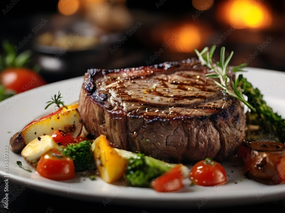 A grilled rib eye steak with baked potato and mixed vegetables A grilled rib eye steak with baked potato and mixed vegetables