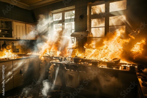 Firefighters battle a blaze in a kitchen. AI.