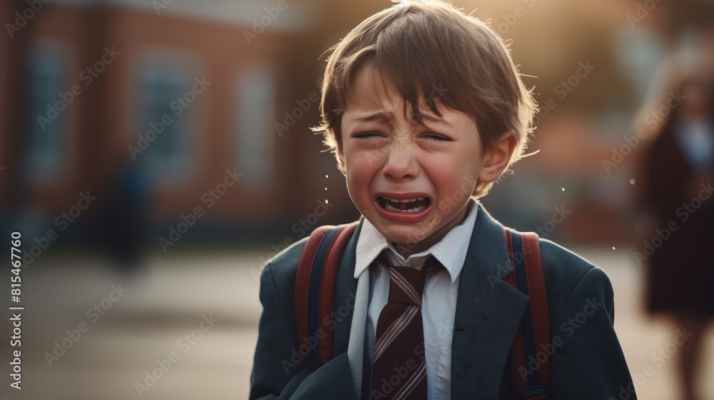 Crying schoolboy on the background of the school. Bullying at school
Crying schoolboy on the background of the school. Bullying at school