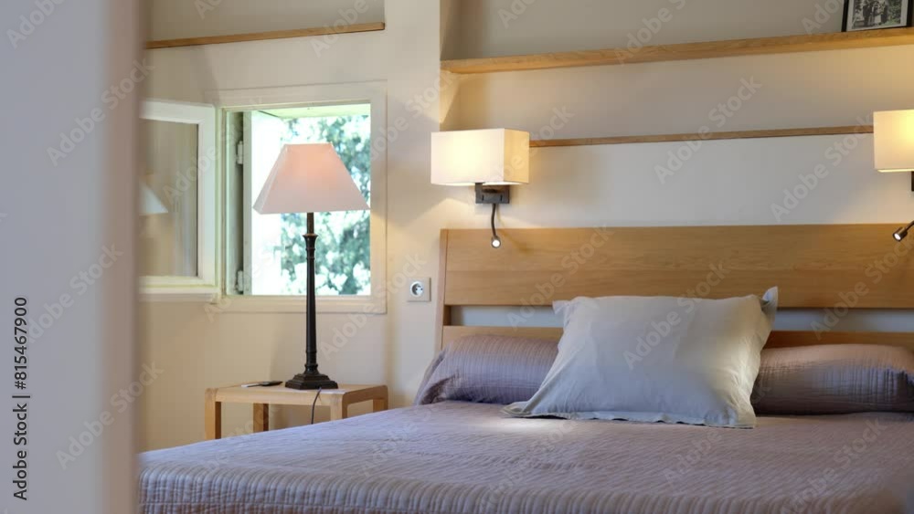 Slow establishing shot of a modern bedroom with a small open window