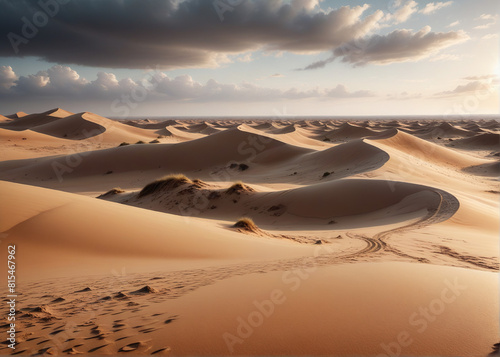 Cinematic shot  a plain dessert with dunes. AI generative