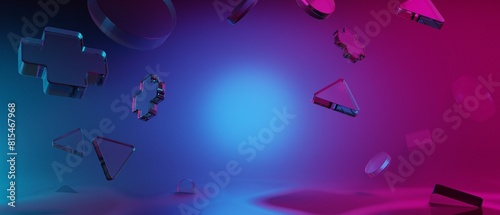 3d illustration rendering of joystick button controller floating for gamer technology futuristic cyberpunk display, gaming scifi stage pedestal background