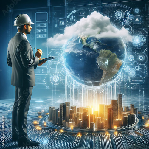 Businessman pressing virtual icons. Person hand using laptop computer with house icon energy efficiency scale image on office desk, Concept of ecological and bio energetic house. generative ai