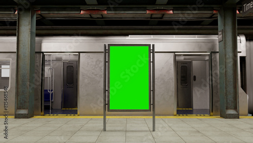 Empty billboard with a green screen for advertising on a subway station. 3D illustraton photo