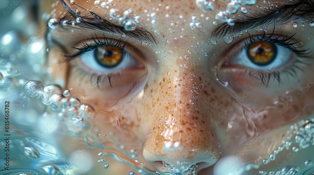 Close-up of a person's freckled face partially submerged in water, surrounded by bubbles. Close-up of a person's freckled face partially submerged in water, surrounded by bubbles.