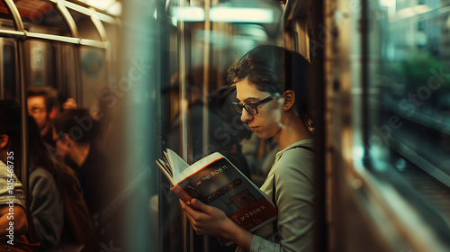 A crowded subway. in person wearing glasses is reading a book. The scenery outside the window is visible, with everything except the person reading the book being out of focus.