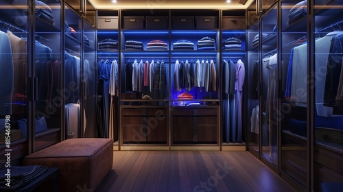 A luxurious walk-in closet with automated clothing racks that rotate and present outfits based on the weather and personal schedule, integrated with an AI fashion assistant. 