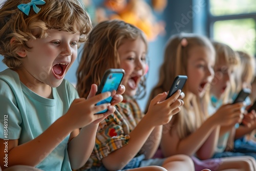 School Children Having Fun Using Smartphone During Break In Classroom
