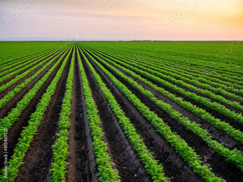 Agricultural landscape at sunset with symmetrical carrot crop rows under a colorful sky
