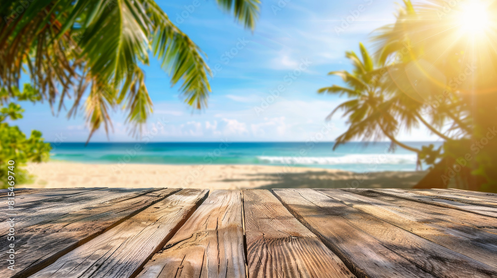 empty wooden table and landscape of beach with palms and ocean empty wooden table and landscape of beach with palms and ocean