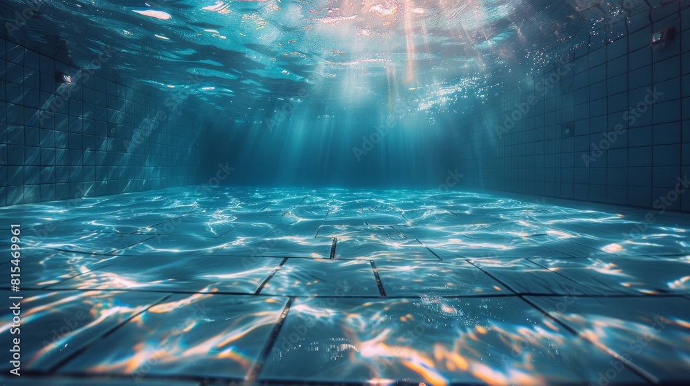 Sunlight beams penetrate a serene underwater scene, illuminating the tiled pool floor.