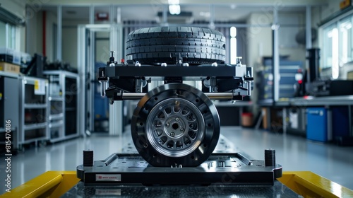 Robot operated tool for fast and accurate wheel balancing in auto shops  front view  Wheel balancing bot  advanced tone  Tetradic color scheme